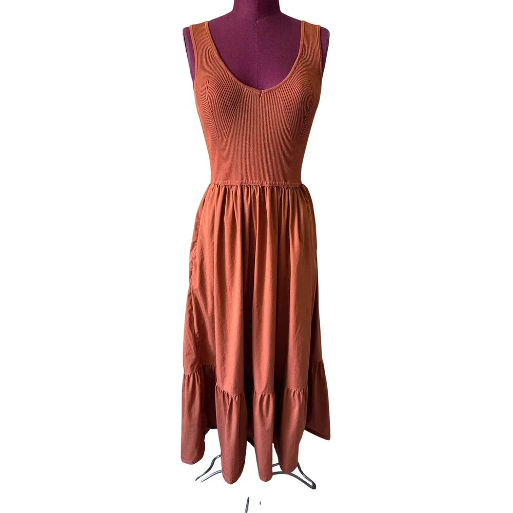 ASTR The Label Midi Dress Mixed Media Fit & Flare Sleeveless Poplin Brown Small - Picture 4 of 12
